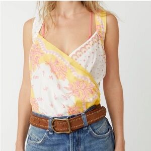 Free People Sweet Thing Tank Bodysuit Yellow Pink Marigold Floral V Neck Floral